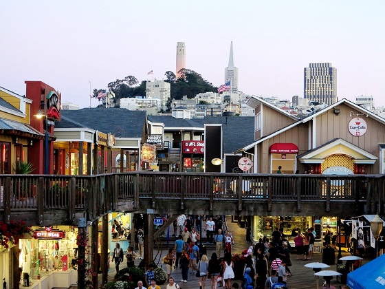 San Francisco-Pier 39- view of Coit Tower and Pyramid
